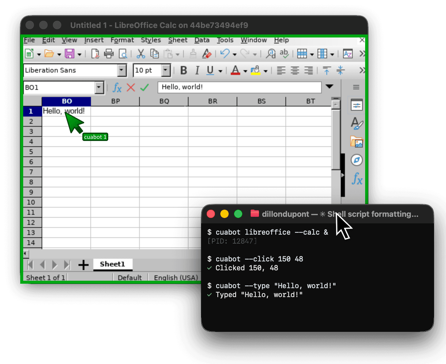 CuaBot driving LibreOffice Calc inside a Cua sandbox from a three-line CLI session