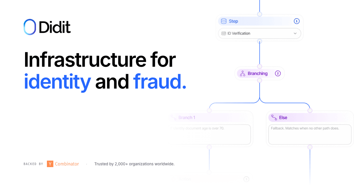 Didit — Infrastructure for identity and fraud. Workflow builder showing ID verification steps with conditional branching.